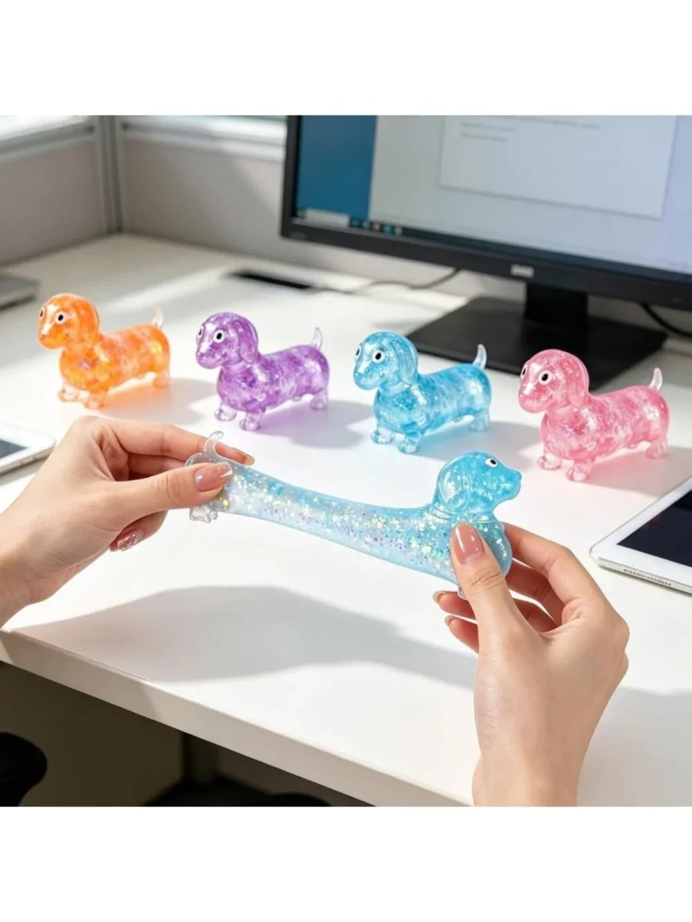 2Pcs Squishy Dachshund Stress Balls - Sparkly Gel Rainbow Weiner Dog Toys